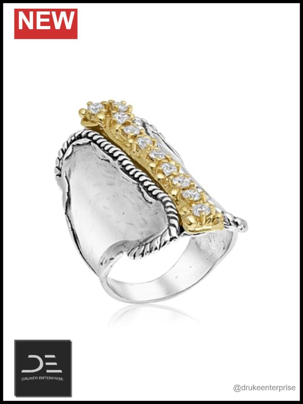 Sterling Silver & 14K Gold Plated CZ Rope Shield Statement Ring